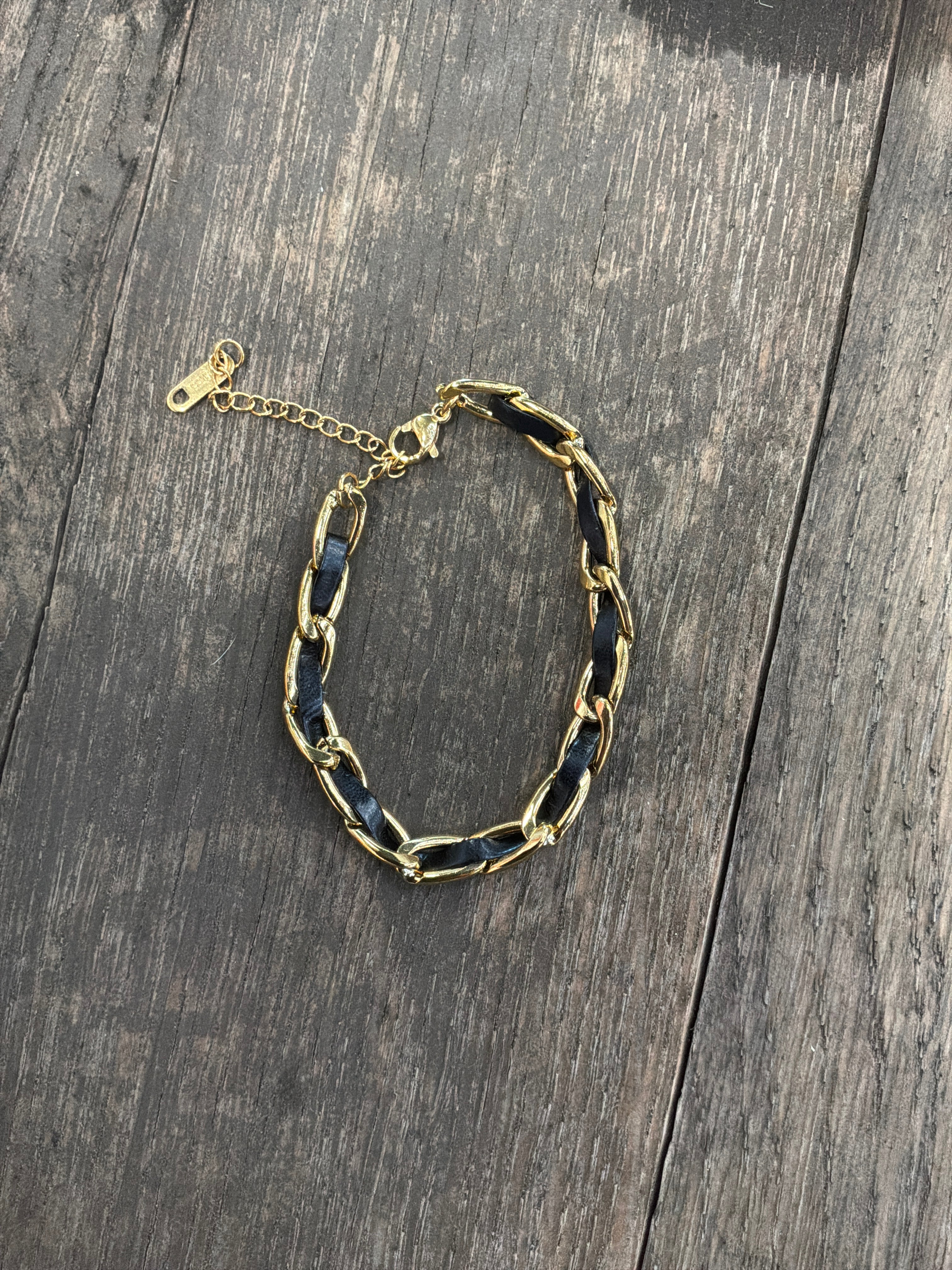 Black Leather & gold chain bracelet