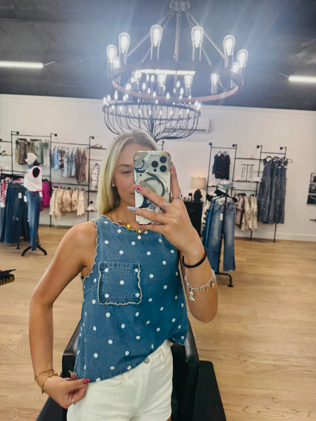 Washed Polka dot denim top