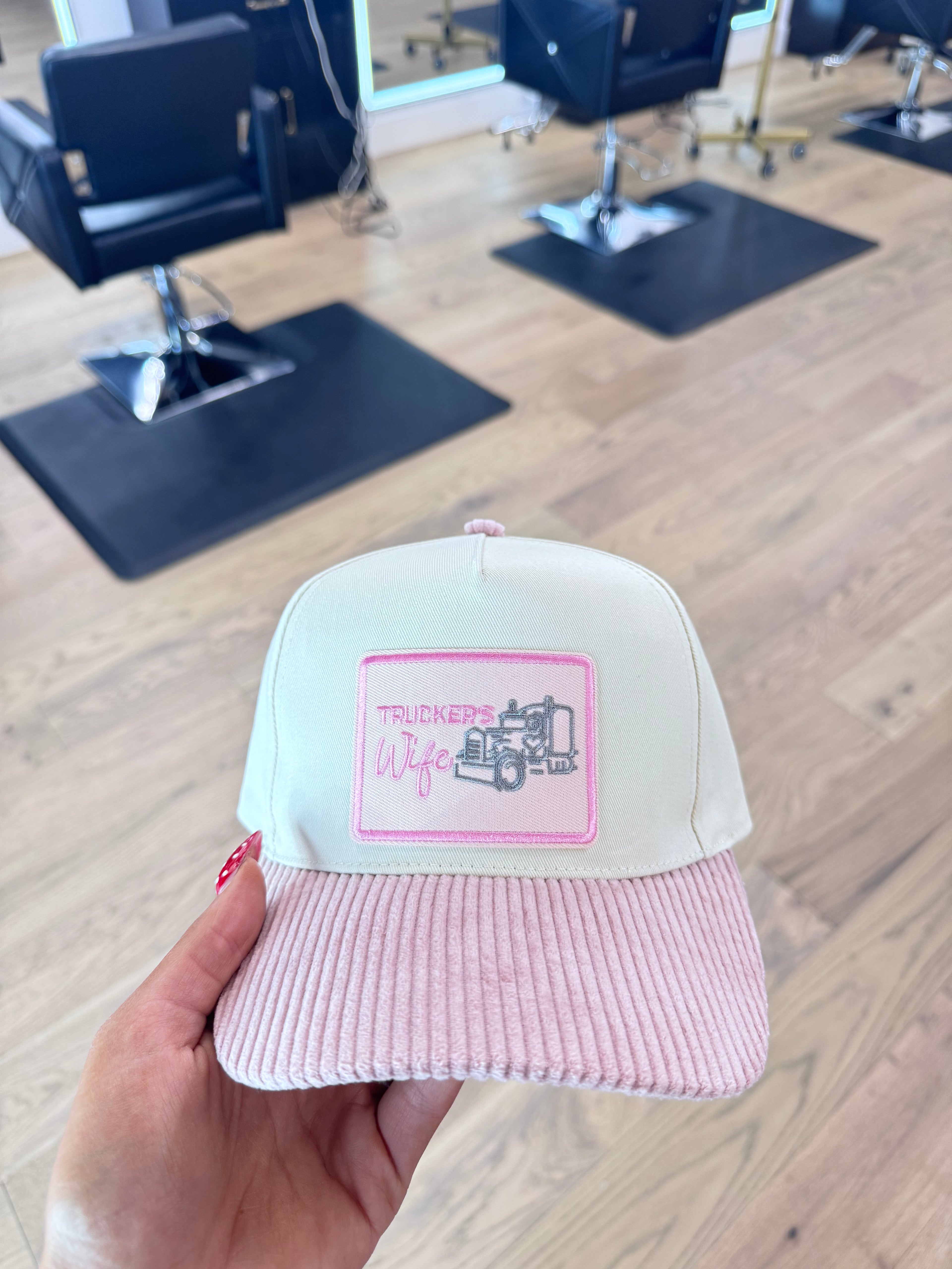 Pink corduroy truckers wife hat