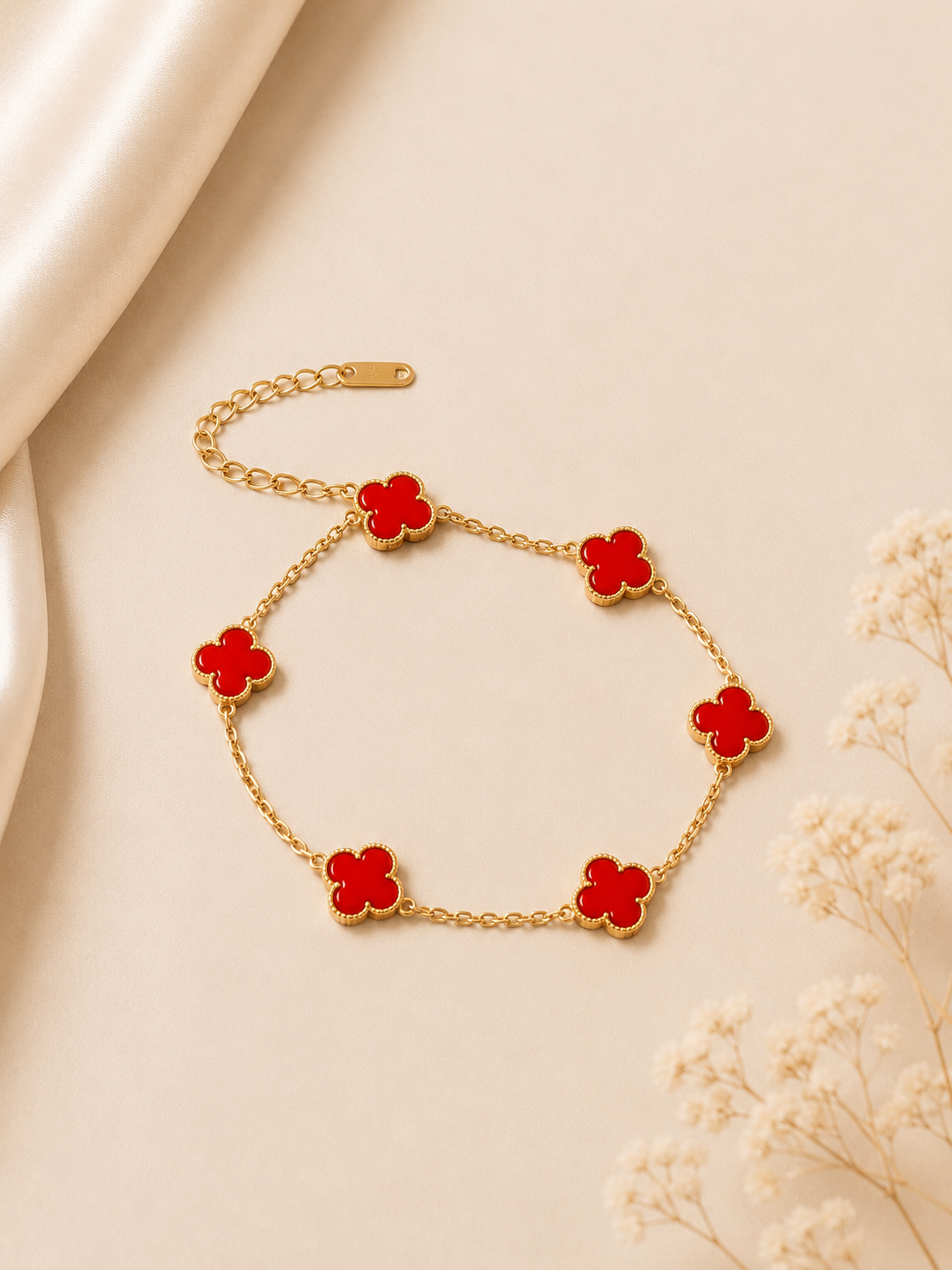 Gold Bracelet with Red Flowers