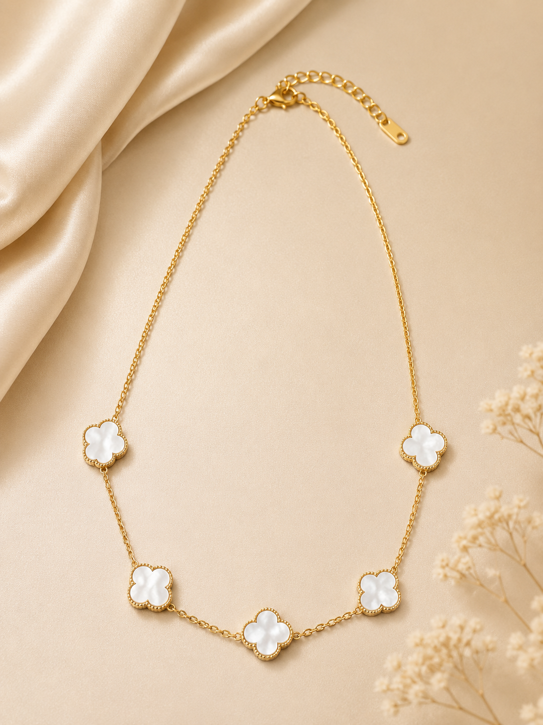 Gold necklace with White Flowers