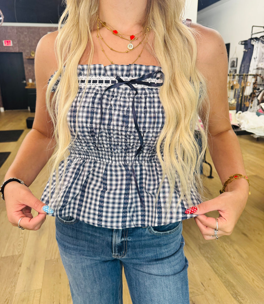 Smocked Gingham Lace Peplum Top