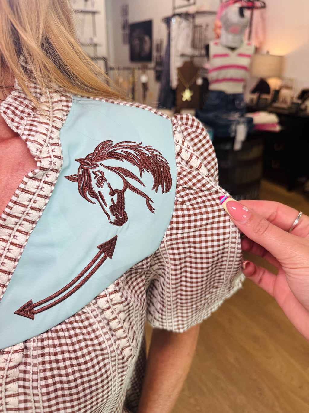 Western Horse Gingham Top