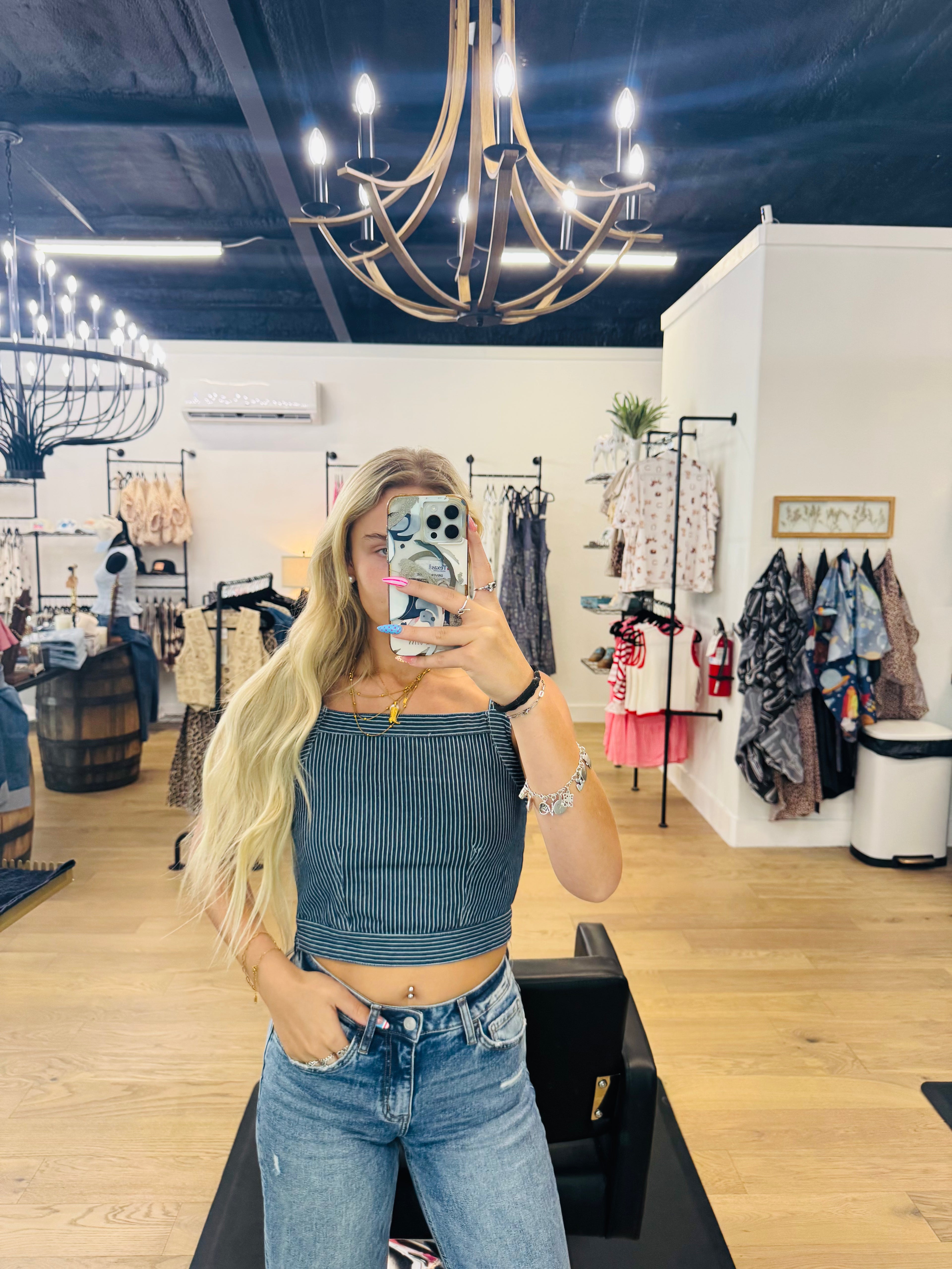 Striped Denim Lace Up Top